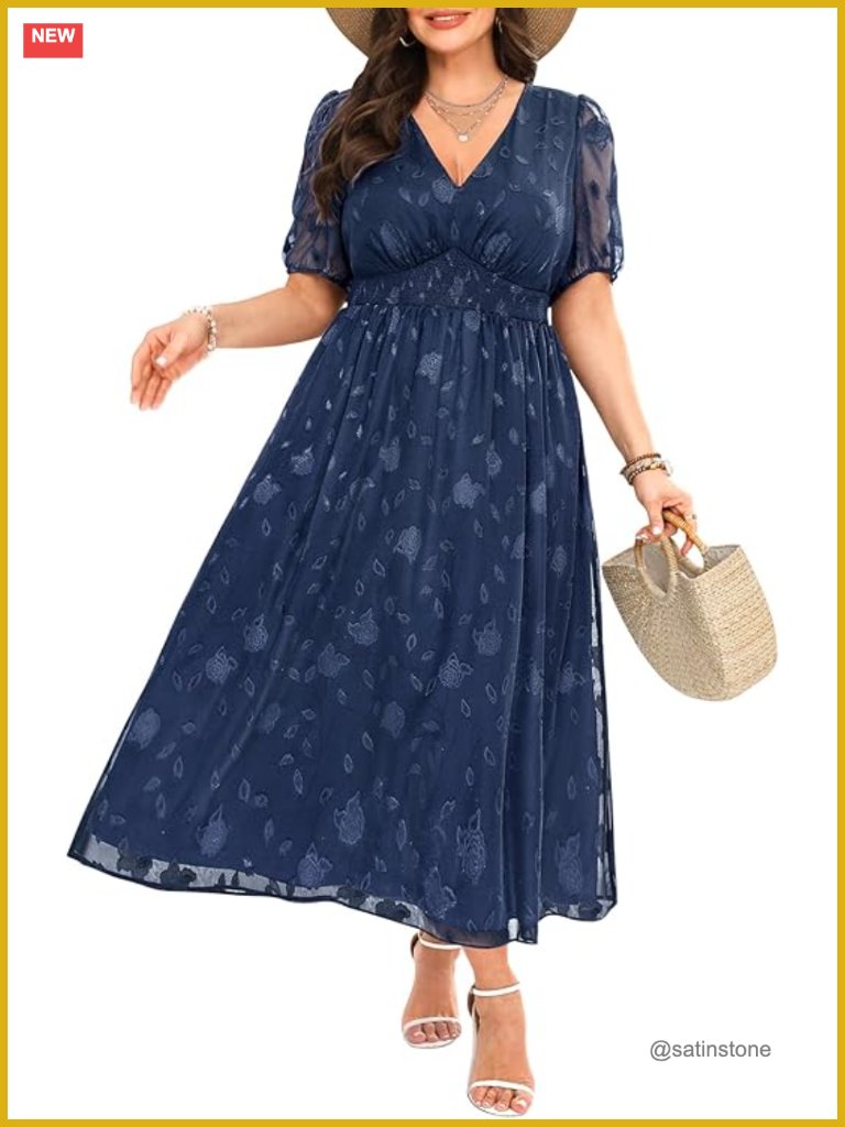 Plus Size Maxi Dress With Floral Chiffon, V-Neck, Puff Sleeves, A-Line